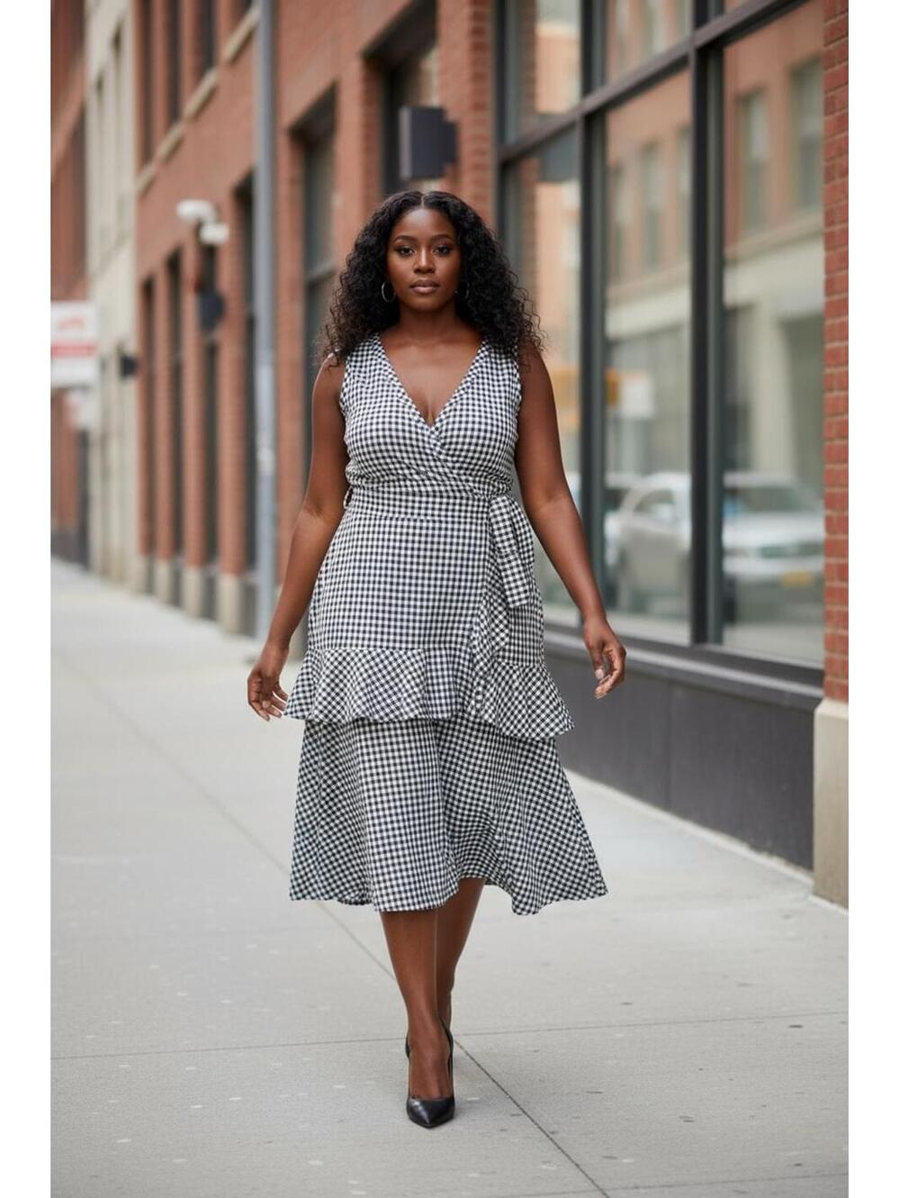 Marissa Webb Sleeveless Black and White Gingham Dress with Peplum Detail